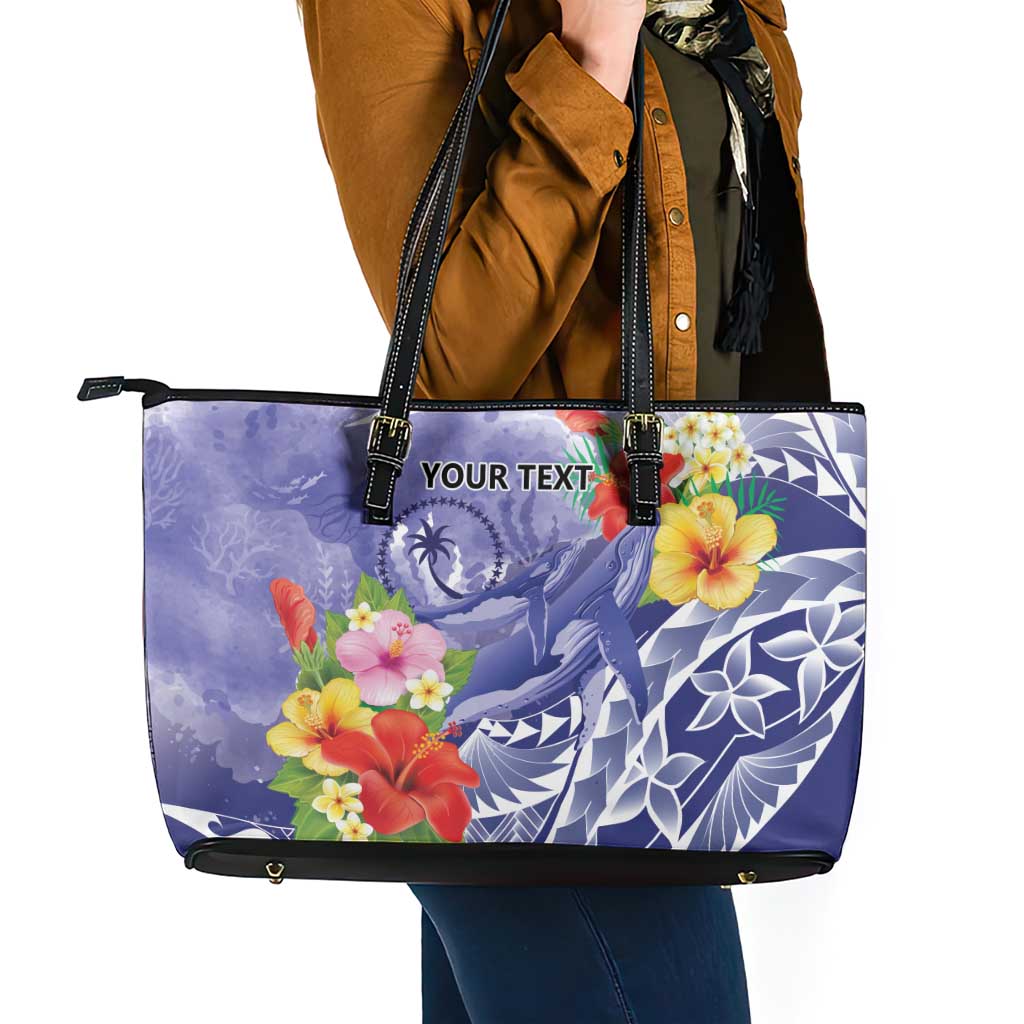 Personalised Chuuk States Humpback Whale Leather Tote Bag Polynesian Tropical Flowers LT9 - Polynesian Pride