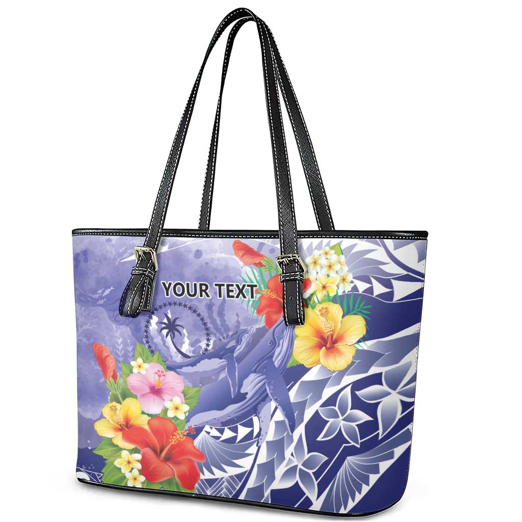 Personalised Chuuk States Humpback Whale Leather Tote Bag Polynesian Tropical Flowers LT9 - Polynesian Pride