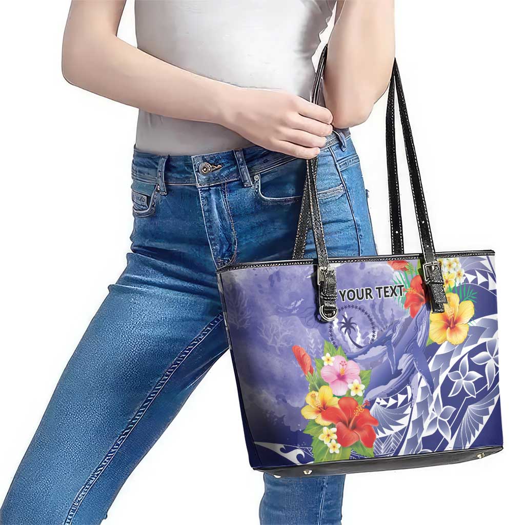 Personalised Chuuk States Humpback Whale Leather Tote Bag Polynesian Tropical Flowers LT9 - Polynesian Pride