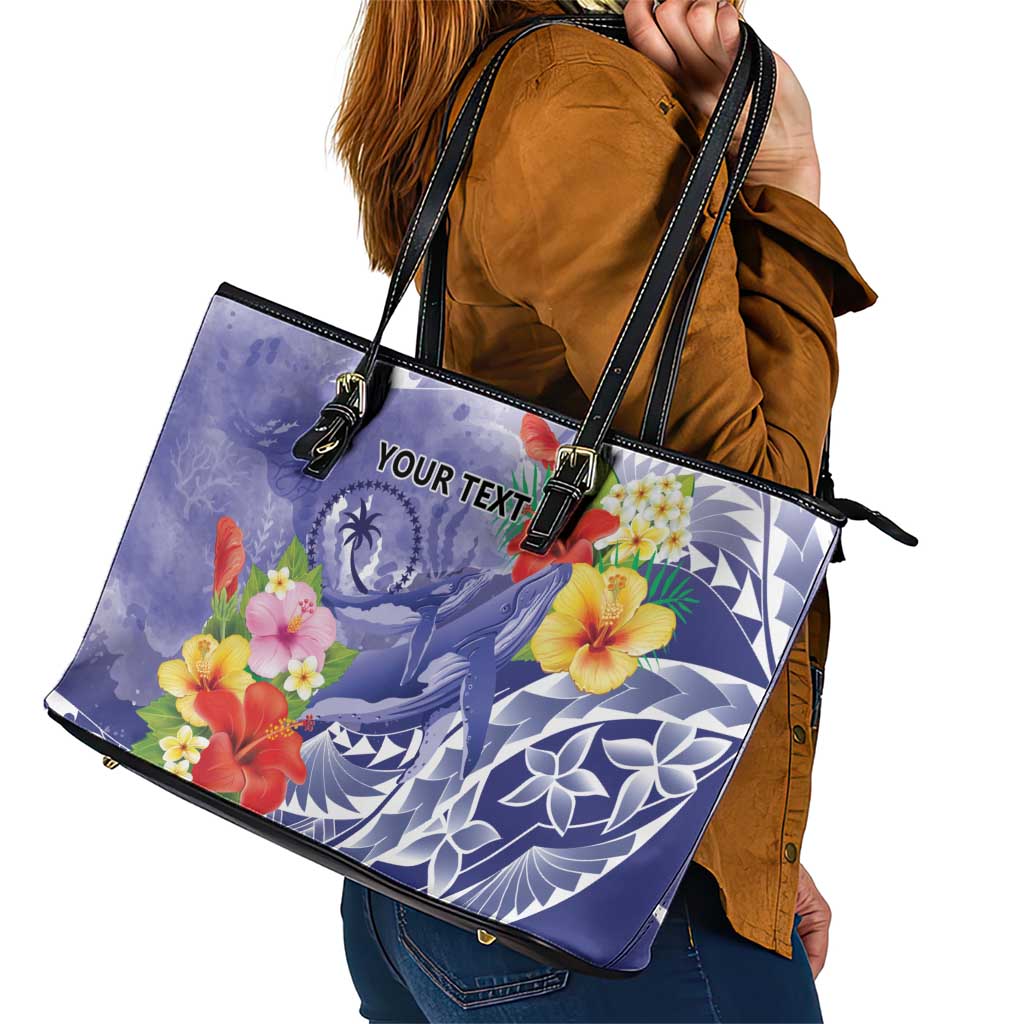 Personalised Chuuk States Humpback Whale Leather Tote Bag Polynesian Tropical Flowers LT9 - Polynesian Pride