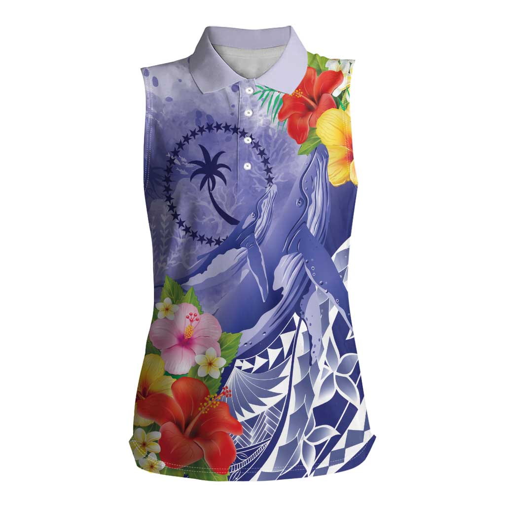 Personalised Chuuk States Humpback Whale Women Sleeveless Polo Shirt Polynesian Tropical Flowers LT9 Female Blue - Polynesian Pride