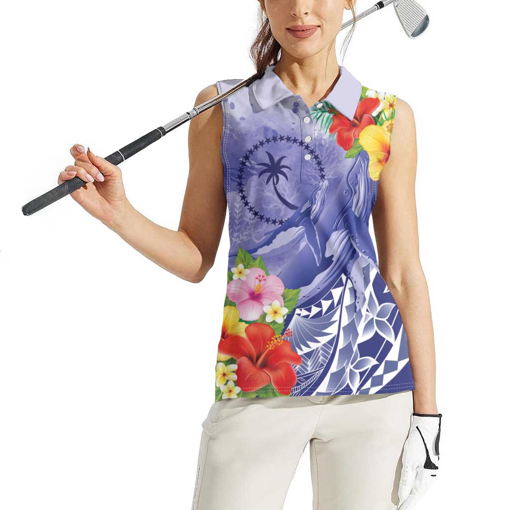 Personalised Chuuk States Humpback Whale Women Sleeveless Polo Shirt Polynesian Tropical Flowers LT9 - Polynesian Pride
