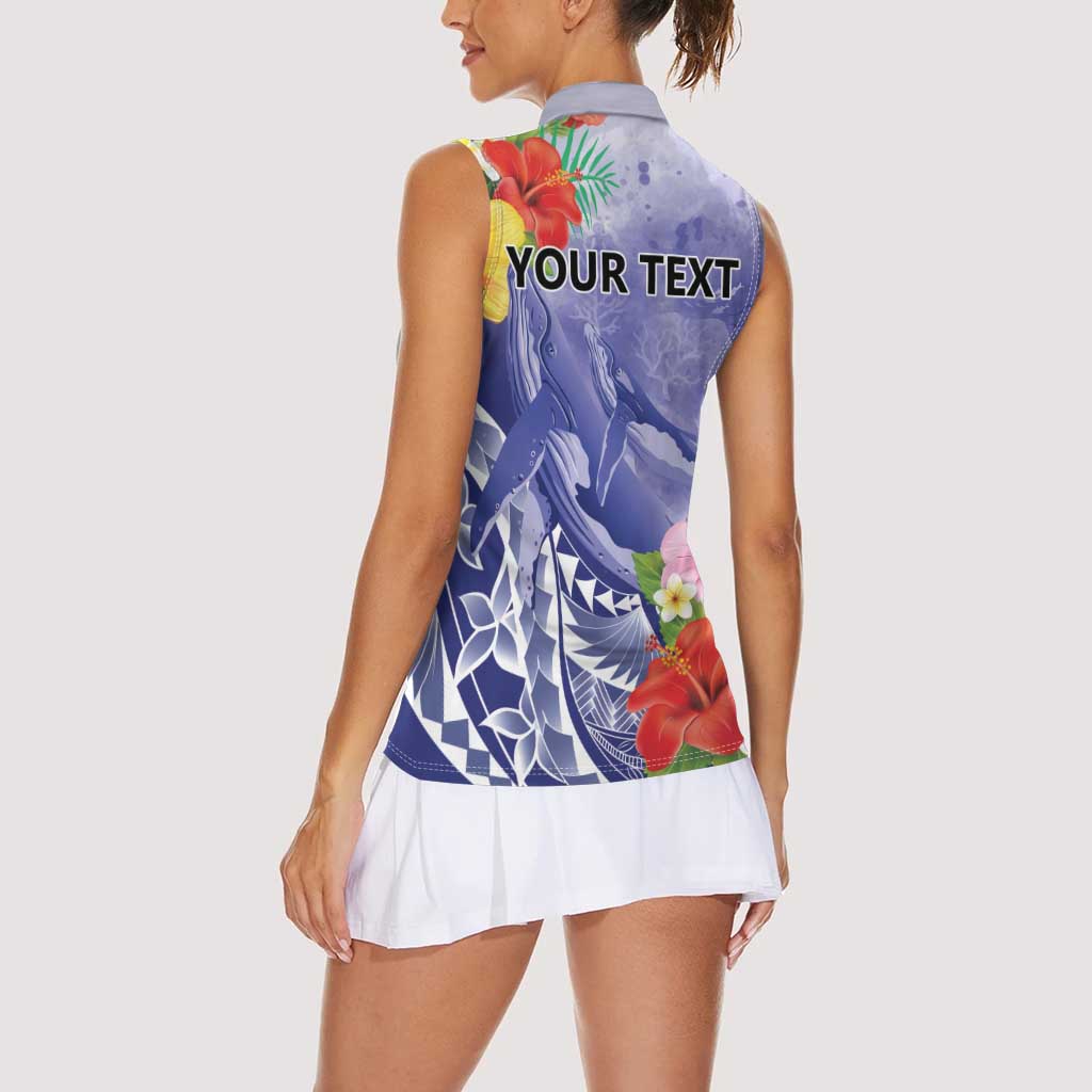 Personalised Chuuk States Humpback Whale Women Sleeveless Polo Shirt Polynesian Tropical Flowers LT9 - Polynesian Pride