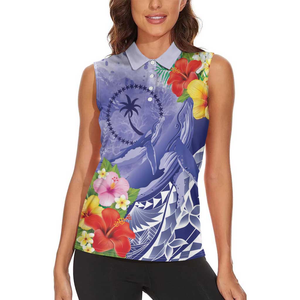 Personalised Chuuk States Humpback Whale Women Sleeveless Polo Shirt Polynesian Tropical Flowers LT9 - Polynesian Pride