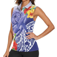 Personalised Chuuk States Humpback Whale Women Sleeveless Polo Shirt Polynesian Tropical Flowers LT9 - Polynesian Pride