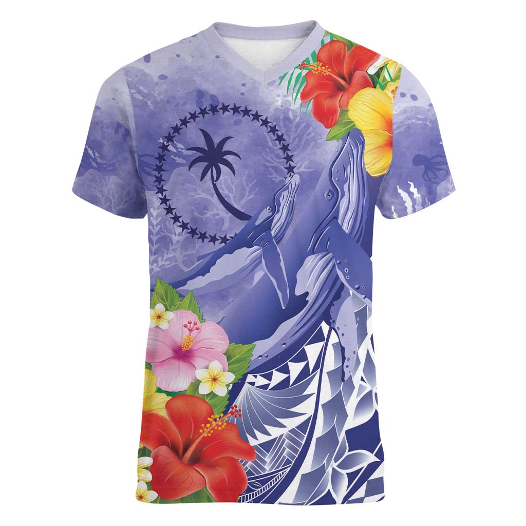 Personalised Chuuk States Humpback Whale Women V-Neck T-Shirt Polynesian Tropical Flowers LT9 Female Blue - Polynesian Pride