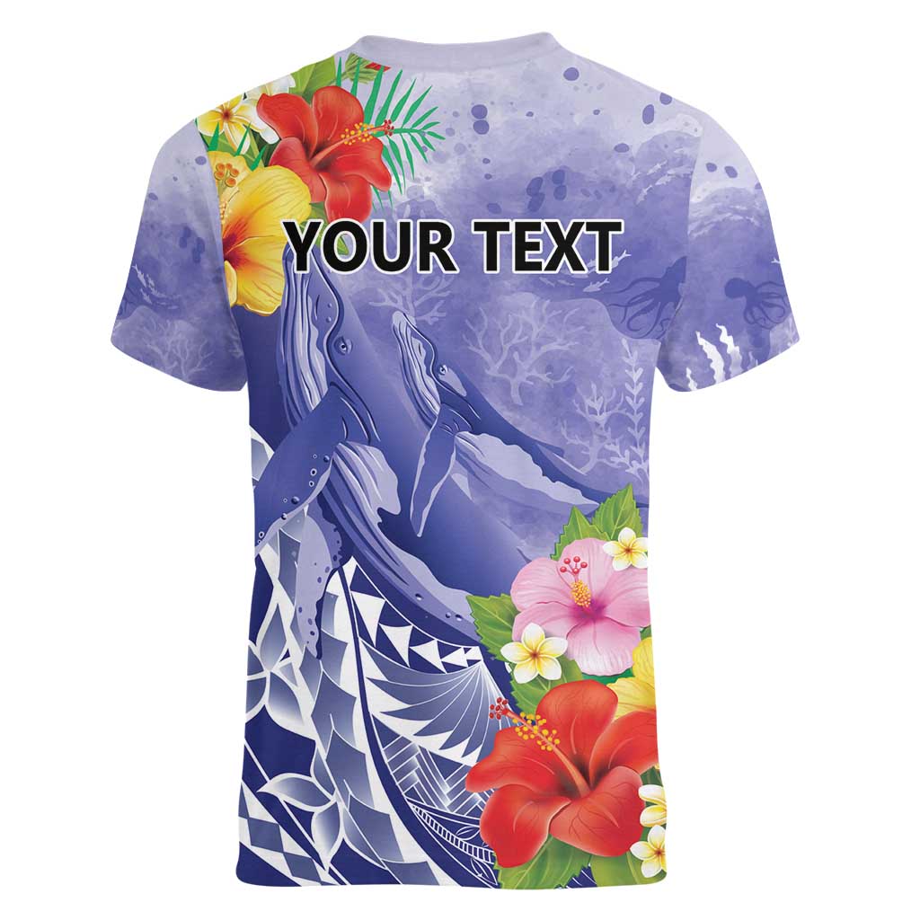 Personalised Chuuk States Humpback Whale Women V-Neck T-Shirt Polynesian Tropical Flowers LT9 - Polynesian Pride