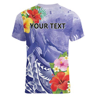 Personalised Chuuk States Humpback Whale Women V-Neck T-Shirt Polynesian Tropical Flowers LT9 - Polynesian Pride