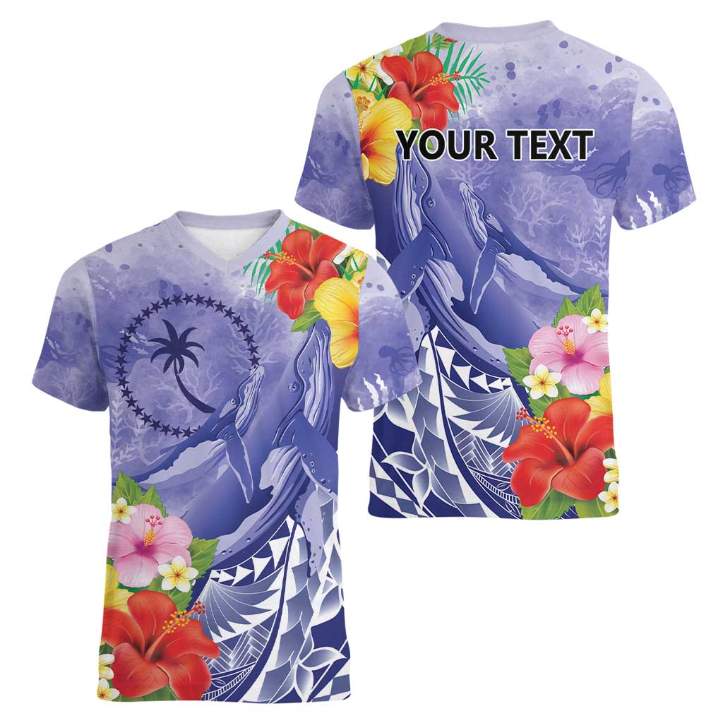Personalised Chuuk States Humpback Whale Women V-Neck T-Shirt Polynesian Tropical Flowers LT9 - Polynesian Pride