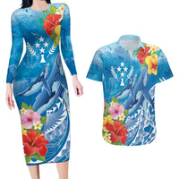 Personalised Kosrae States Humpback Whale Couples Matching Long Sleeve Bodycon Dress and Hawaiian Shirt Polynesian Tropical Flowers LT9 Blue - Polynesian Pride