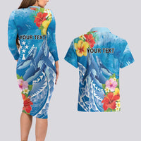 Personalised Kosrae States Humpback Whale Couples Matching Long Sleeve Bodycon Dress and Hawaiian Shirt Polynesian Tropical Flowers LT9 - Polynesian Pride