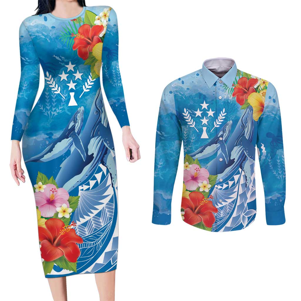 Personalised Kosrae States Humpback Whale Couples Matching Long Sleeve Bodycon Dress and Long Sleeve Button Shirt Polynesian Tropical Flowers LT9 Blue - Polynesian Pride