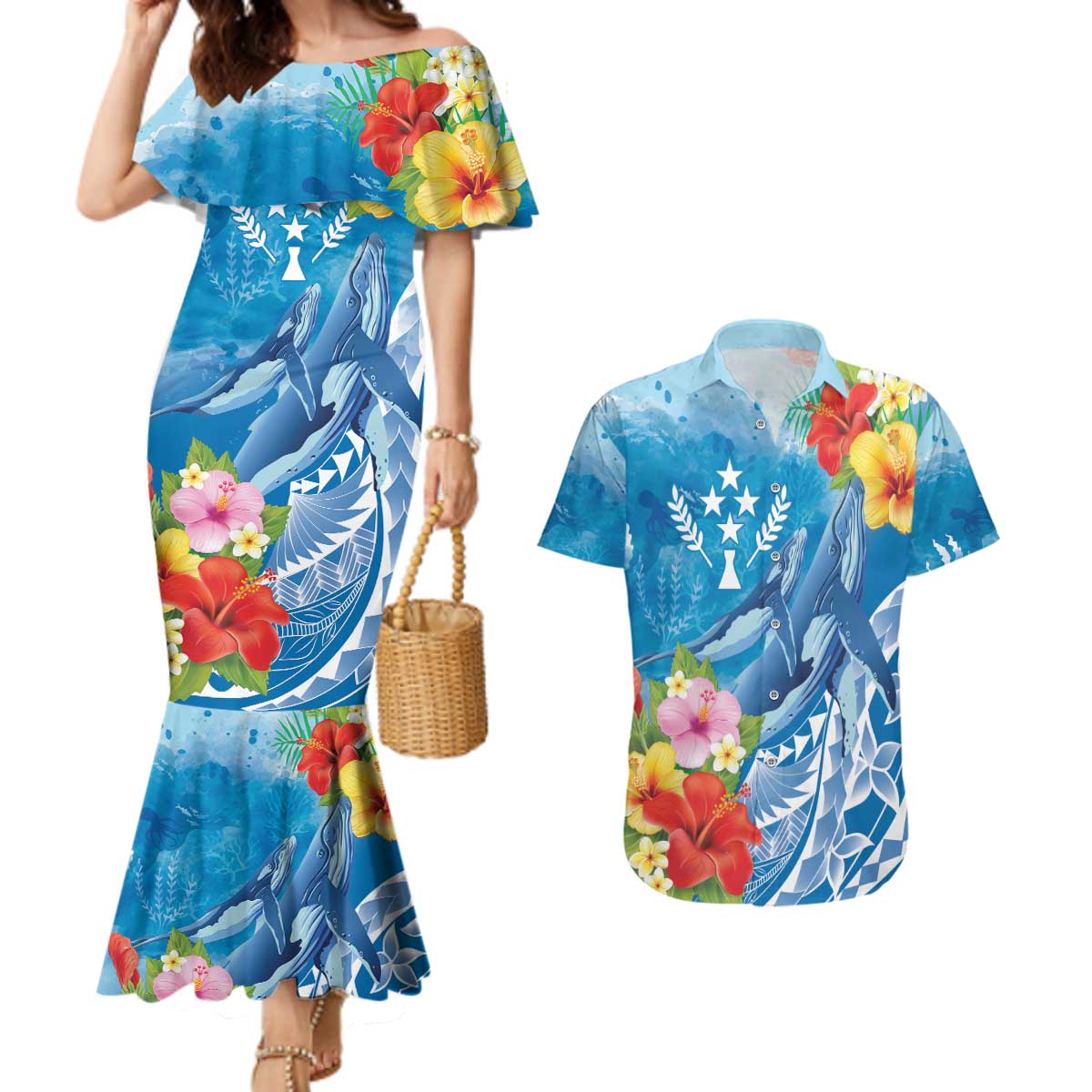 Personalised Kosrae States Humpback Whale Couples Matching Mermaid Dress and Hawaiian Shirt Polynesian Tropical Flowers LT9 Blue - Polynesian Pride