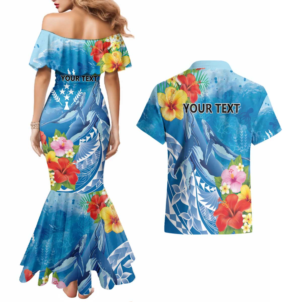 Personalised Kosrae States Humpback Whale Couples Matching Mermaid Dress and Hawaiian Shirt Polynesian Tropical Flowers LT9 - Polynesian Pride