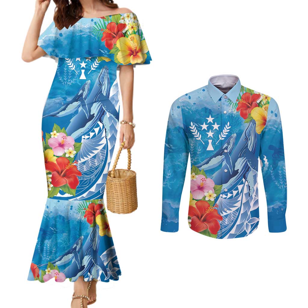 Personalised Kosrae States Humpback Whale Couples Matching Mermaid Dress and Long Sleeve Button Shirt Polynesian Tropical Flowers LT9 Blue - Polynesian Pride