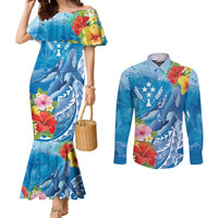 Personalised Kosrae States Humpback Whale Couples Matching Mermaid Dress and Long Sleeve Button Shirt Polynesian Tropical Flowers LT9 Blue - Polynesian Pride