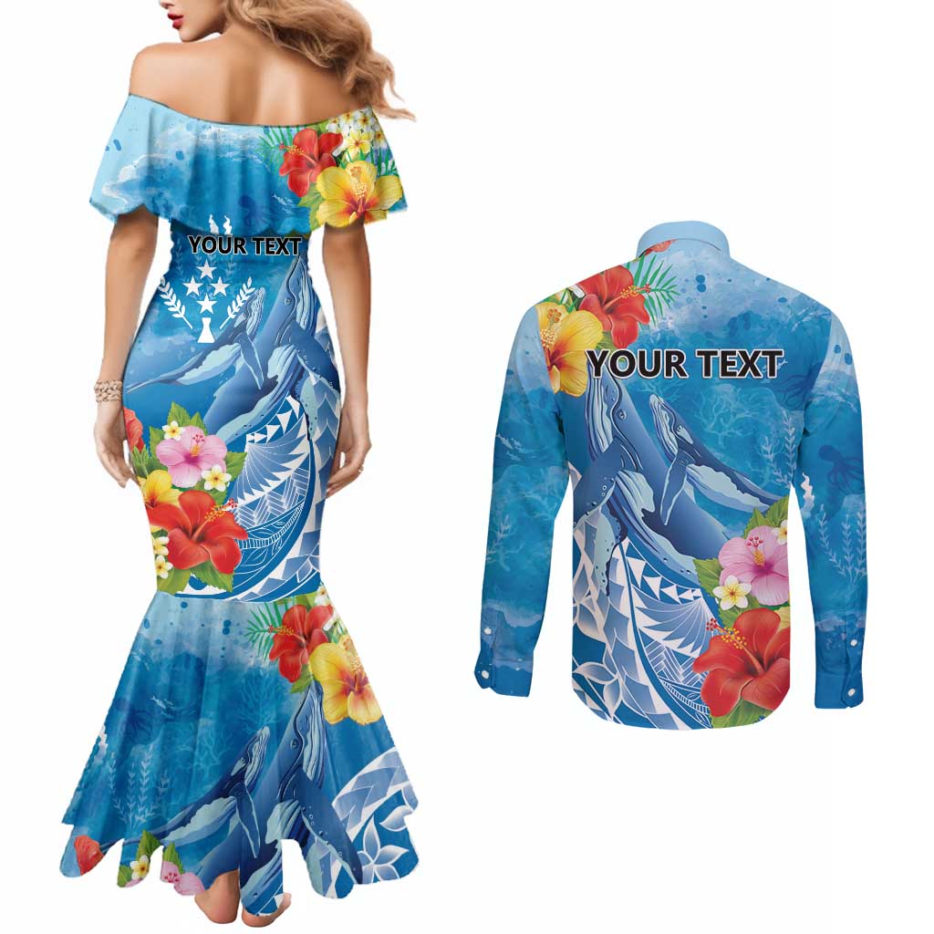Personalised Kosrae States Humpback Whale Couples Matching Mermaid Dress and Long Sleeve Button Shirt Polynesian Tropical Flowers LT9 - Polynesian Pride