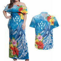 Personalised Kosrae States Humpback Whale Couples Matching Off Shoulder Maxi Dress and Hawaiian Shirt Polynesian Tropical Flowers LT9 Blue - Polynesian Pride