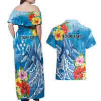 Personalised Kosrae States Humpback Whale Couples Matching Off Shoulder Maxi Dress and Hawaiian Shirt Polynesian Tropical Flowers LT9 - Polynesian Pride