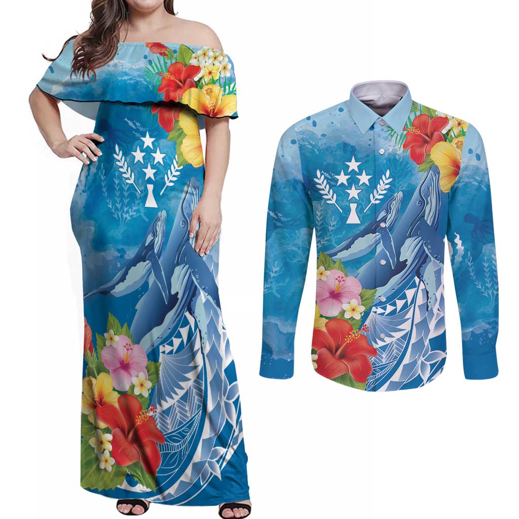 Personalised Kosrae States Humpback Whale Couples Matching Off Shoulder Maxi Dress and Long Sleeve Button Shirt Polynesian Tropical Flowers LT9 Blue - Polynesian Pride