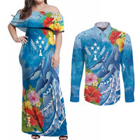 Personalised Kosrae States Humpback Whale Couples Matching Off Shoulder Maxi Dress and Long Sleeve Button Shirt Polynesian Tropical Flowers LT9 Blue - Polynesian Pride