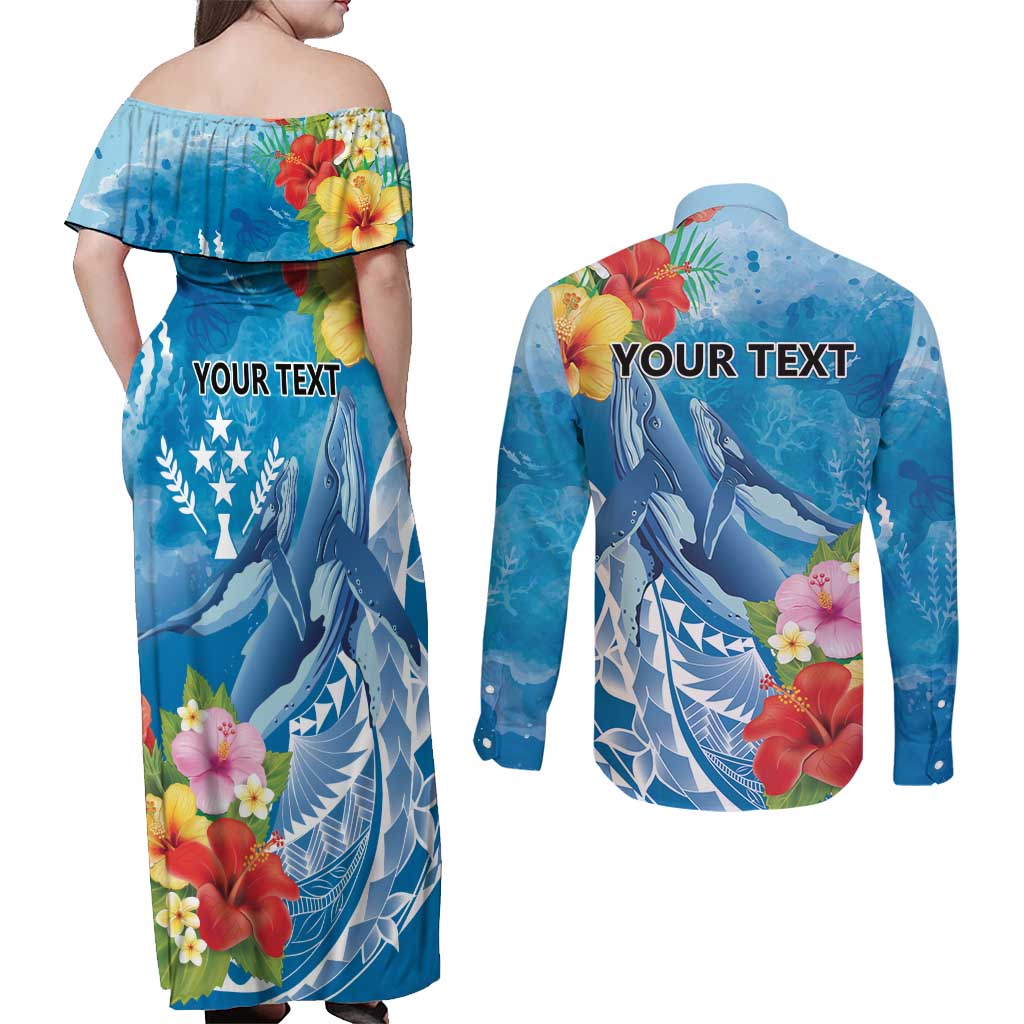 Personalised Kosrae States Humpback Whale Couples Matching Off Shoulder Maxi Dress and Long Sleeve Button Shirt Polynesian Tropical Flowers LT9 - Polynesian Pride