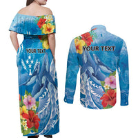 Personalised Kosrae States Humpback Whale Couples Matching Off Shoulder Maxi Dress and Long Sleeve Button Shirt Polynesian Tropical Flowers LT9 - Polynesian Pride