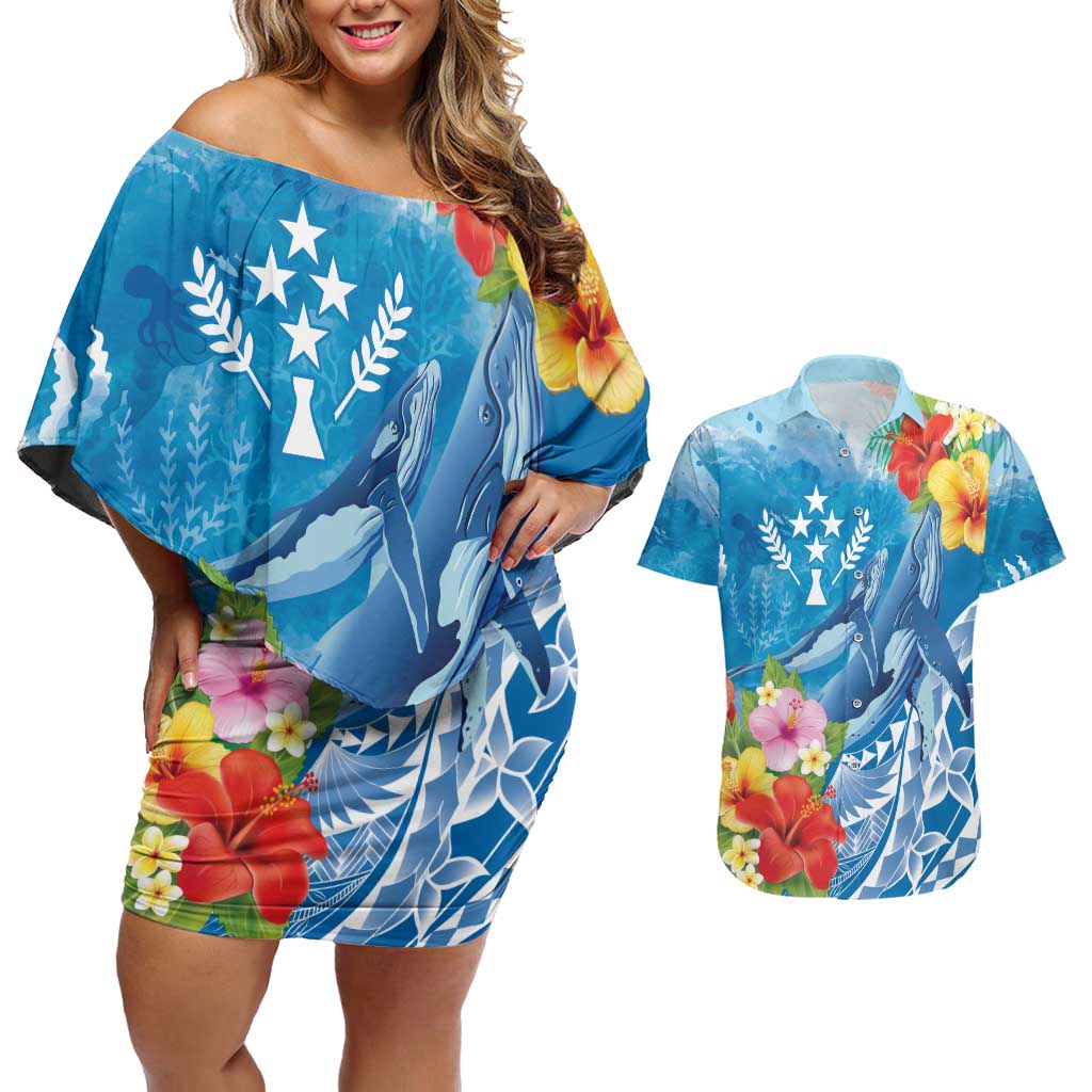 Personalised Kosrae States Humpback Whale Couples Matching Off Shoulder Short Dress and Hawaiian Shirt Polynesian Tropical Flowers LT9 Blue - Polynesian Pride