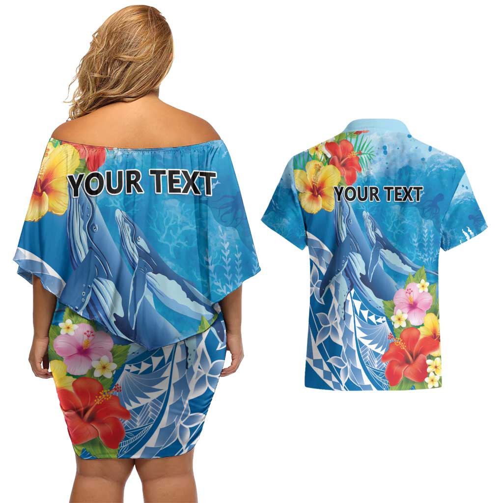 Personalised Kosrae States Humpback Whale Couples Matching Off Shoulder Short Dress and Hawaiian Shirt Polynesian Tropical Flowers LT9 - Polynesian Pride