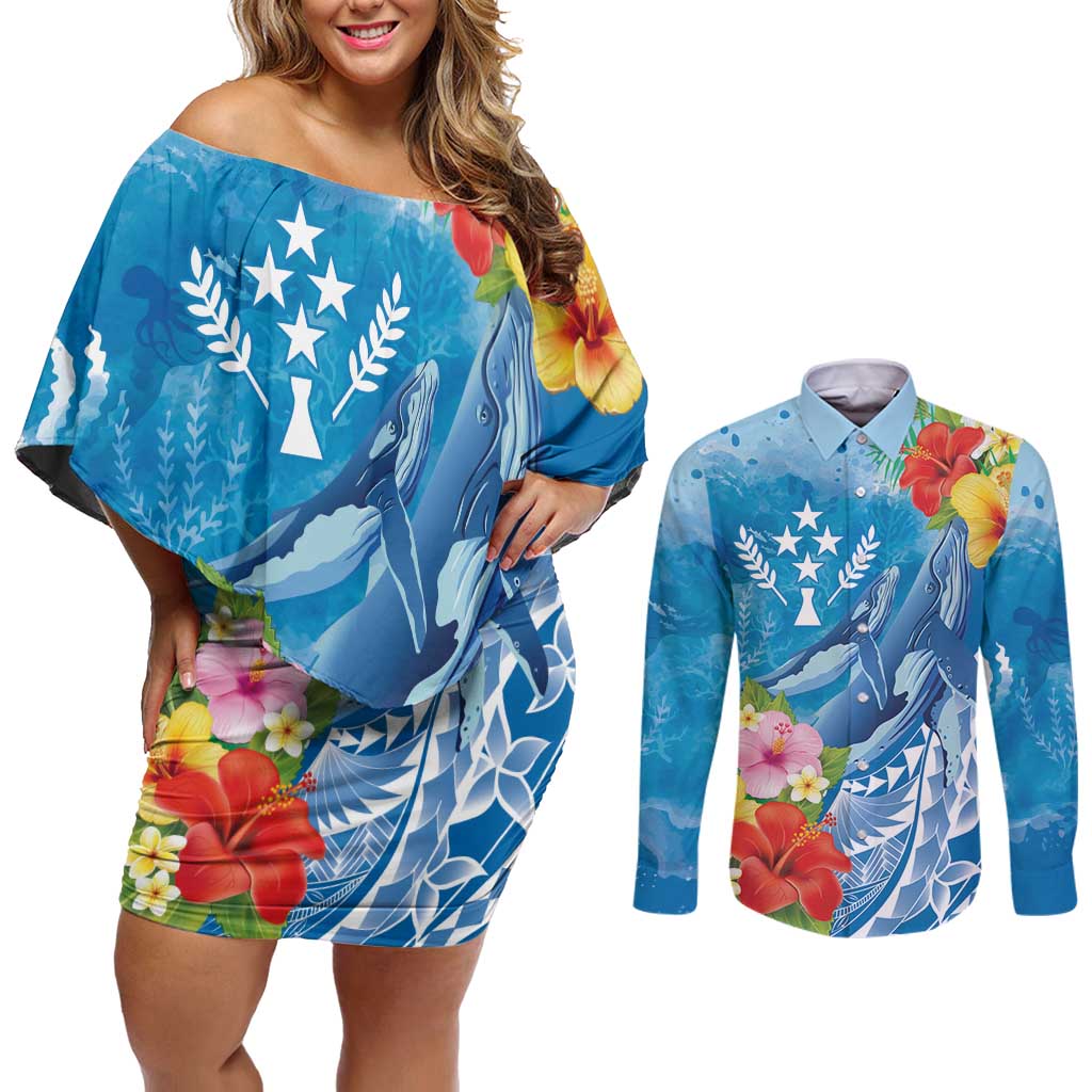 Personalised Kosrae States Humpback Whale Couples Matching Off Shoulder Short Dress and Long Sleeve Button Shirt Polynesian Tropical Flowers LT9 Blue - Polynesian Pride