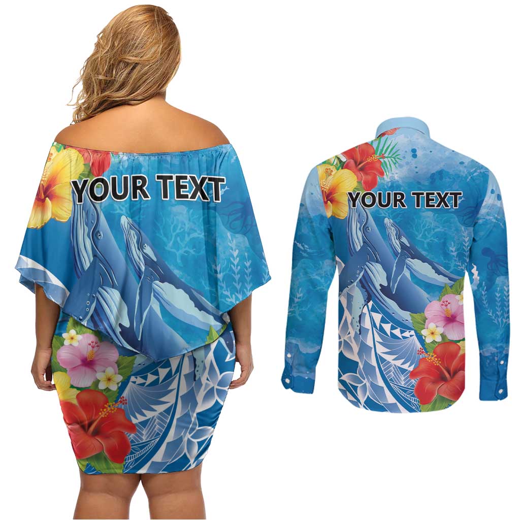Personalised Kosrae States Humpback Whale Couples Matching Off Shoulder Short Dress and Long Sleeve Button Shirt Polynesian Tropical Flowers LT9 - Polynesian Pride