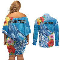 Personalised Kosrae States Humpback Whale Couples Matching Off Shoulder Short Dress and Long Sleeve Button Shirt Polynesian Tropical Flowers LT9 - Polynesian Pride