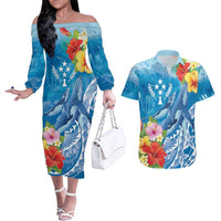 Personalised Kosrae States Humpback Whale Couples Matching Off The Shoulder Long Sleeve Dress and Hawaiian Shirt Polynesian Tropical Flowers LT9 Blue - Polynesian Pride