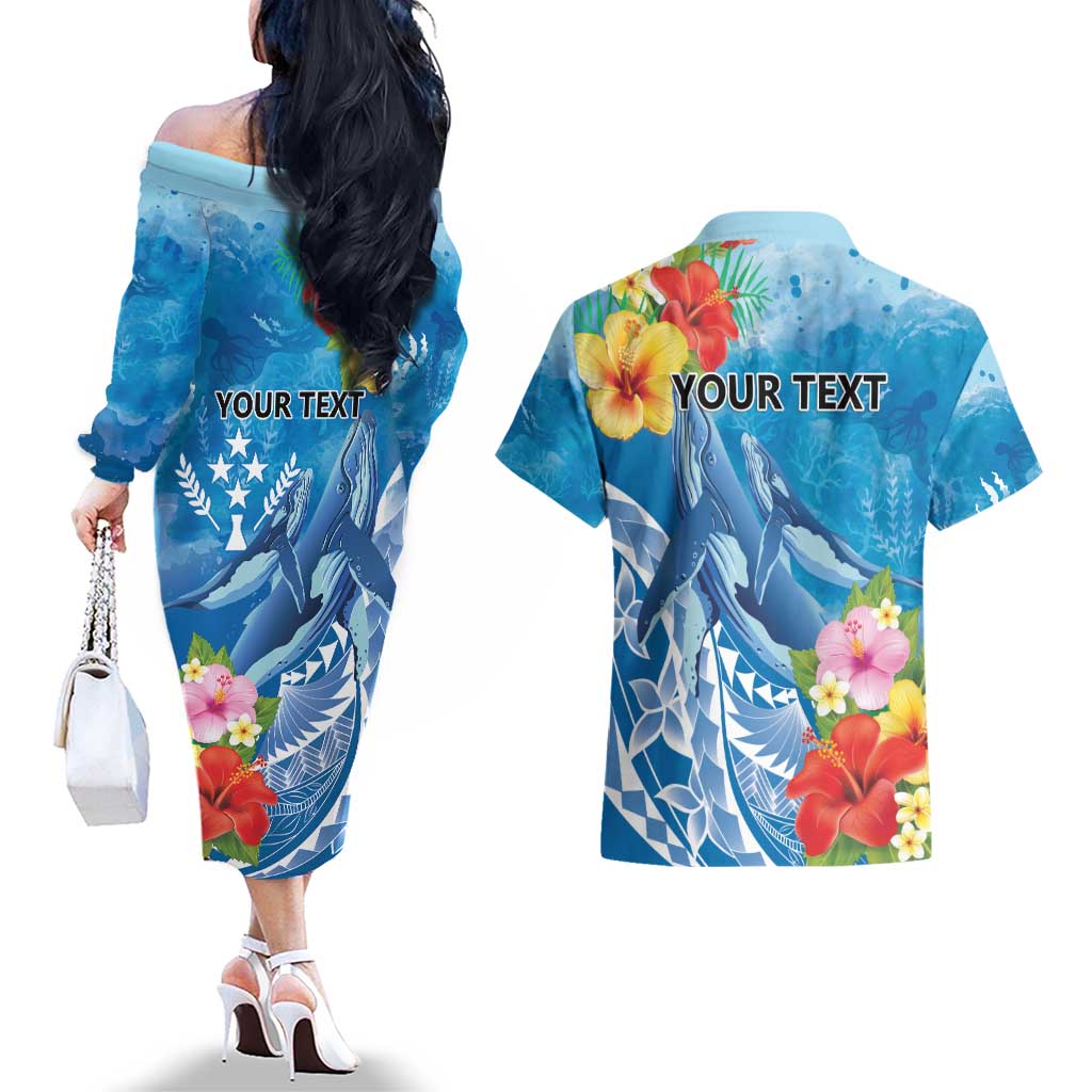 Personalised Kosrae States Humpback Whale Couples Matching Off The Shoulder Long Sleeve Dress and Hawaiian Shirt Polynesian Tropical Flowers LT9 - Polynesian Pride