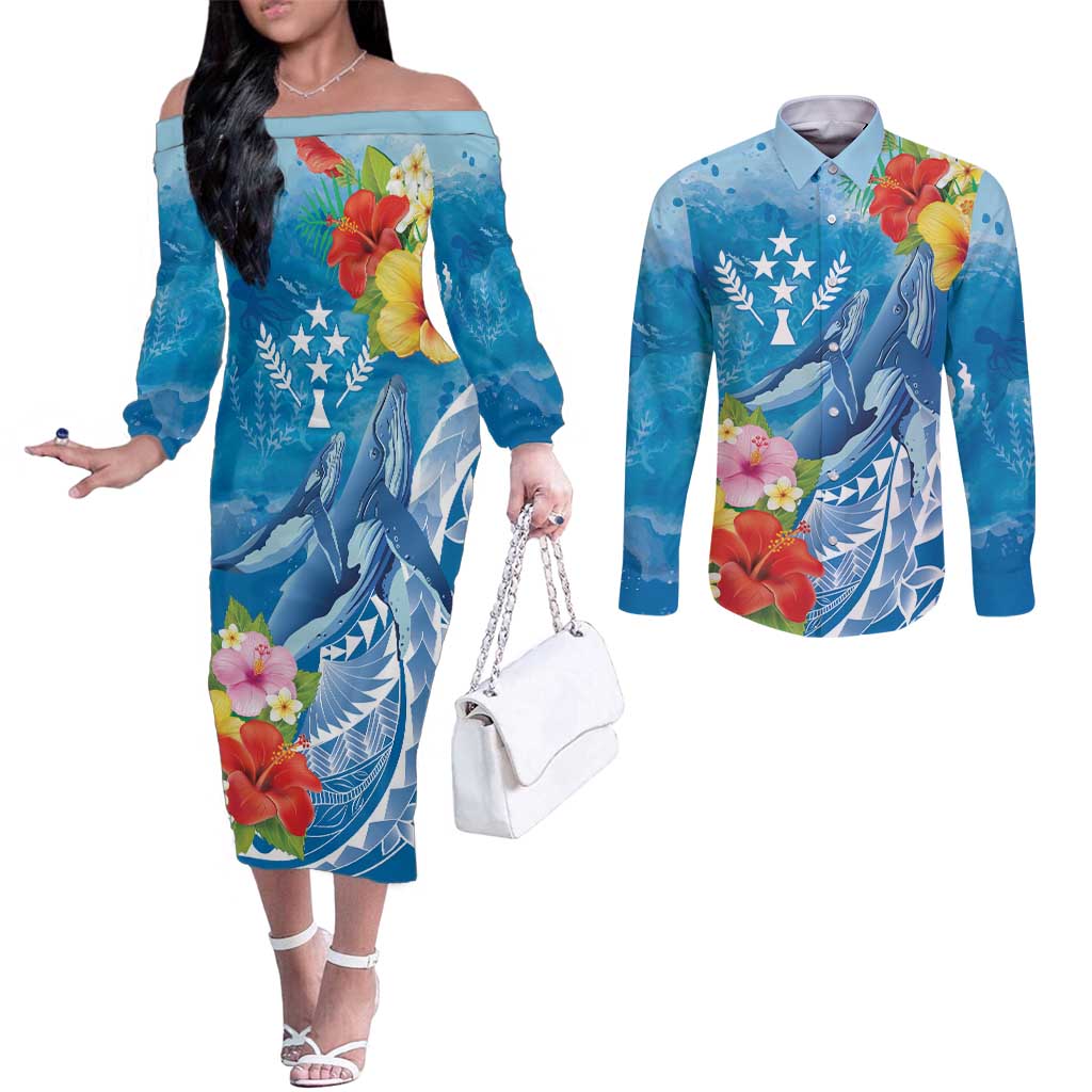 Personalised Kosrae States Humpback Whale Couples Matching Off The Shoulder Long Sleeve Dress and Long Sleeve Button Shirt Polynesian Tropical Flowers LT9 Blue - Polynesian Pride