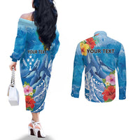 Personalised Kosrae States Humpback Whale Couples Matching Off The Shoulder Long Sleeve Dress and Long Sleeve Button Shirt Polynesian Tropical Flowers LT9 - Polynesian Pride