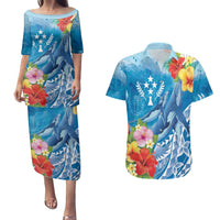 Personalised Kosrae States Humpback Whale Couples Matching Puletasi and Hawaiian Shirt Polynesian Tropical Flowers LT9 Blue - Polynesian Pride