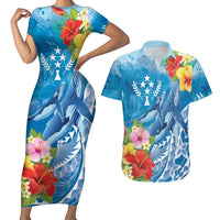 Personalised Kosrae States Humpback Whale Couples Matching Short Sleeve Bodycon Dress and Hawaiian Shirt Polynesian Tropical Flowers LT9 Blue - Polynesian Pride
