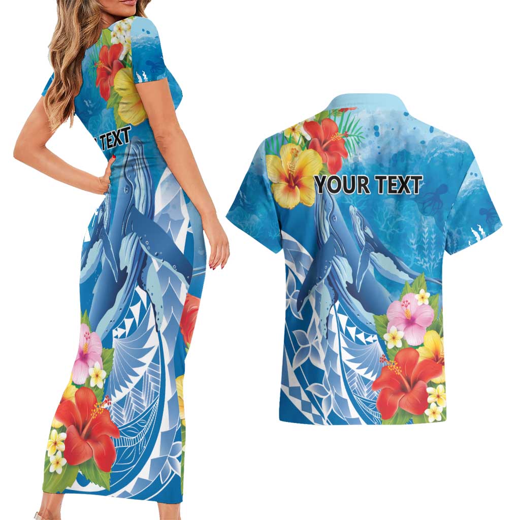 Personalised Kosrae States Humpback Whale Couples Matching Short Sleeve Bodycon Dress and Hawaiian Shirt Polynesian Tropical Flowers LT9 - Polynesian Pride
