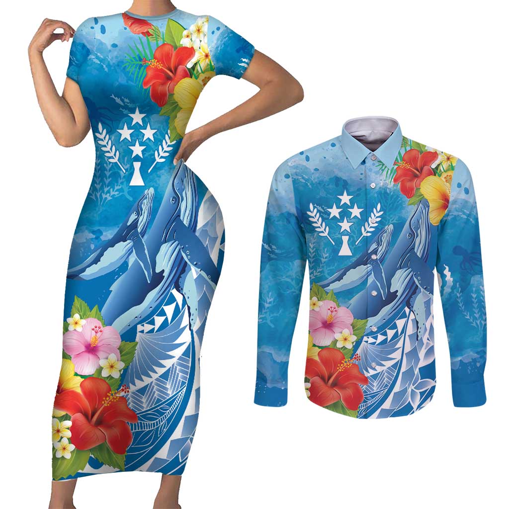 Personalised Kosrae States Humpback Whale Couples Matching Short Sleeve Bodycon Dress and Long Sleeve Button Shirt Polynesian Tropical Flowers LT9 Blue - Polynesian Pride