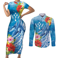 Personalised Kosrae States Humpback Whale Couples Matching Short Sleeve Bodycon Dress and Long Sleeve Button Shirt Polynesian Tropical Flowers LT9 Blue - Polynesian Pride