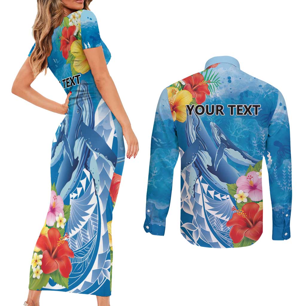 Personalised Kosrae States Humpback Whale Couples Matching Short Sleeve Bodycon Dress and Long Sleeve Button Shirt Polynesian Tropical Flowers LT9 - Polynesian Pride