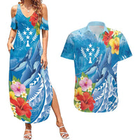 Personalised Kosrae States Humpback Whale Couples Matching Summer Maxi Dress and Hawaiian Shirt Polynesian Tropical Flowers LT9 Blue - Polynesian Pride