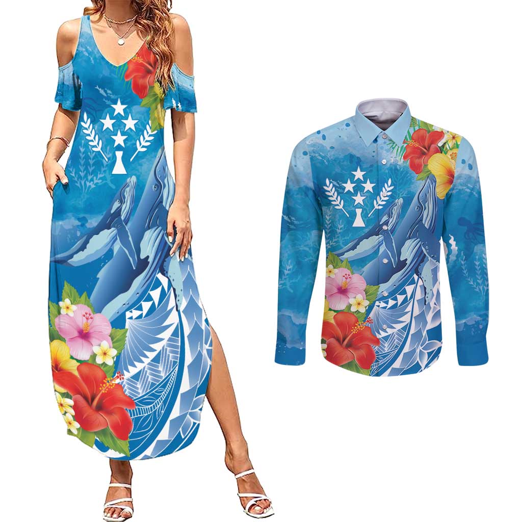 Personalised Kosrae States Humpback Whale Couples Matching Summer Maxi Dress and Long Sleeve Button Shirt Polynesian Tropical Flowers LT9 Blue - Polynesian Pride