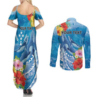 Personalised Kosrae States Humpback Whale Couples Matching Summer Maxi Dress and Long Sleeve Button Shirt Polynesian Tropical Flowers LT9 - Polynesian Pride