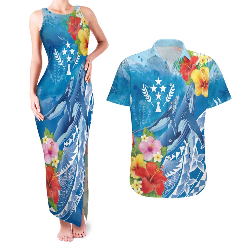 Personalised Kosrae States Humpback Whale Couples Matching Tank Maxi Dress and Hawaiian Shirt Polynesian Tropical Flowers LT9 Blue - Polynesian Pride