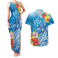 Personalised Kosrae States Humpback Whale Couples Matching Tank Maxi Dress and Hawaiian Shirt Polynesian Tropical Flowers LT9 Blue - Polynesian Pride