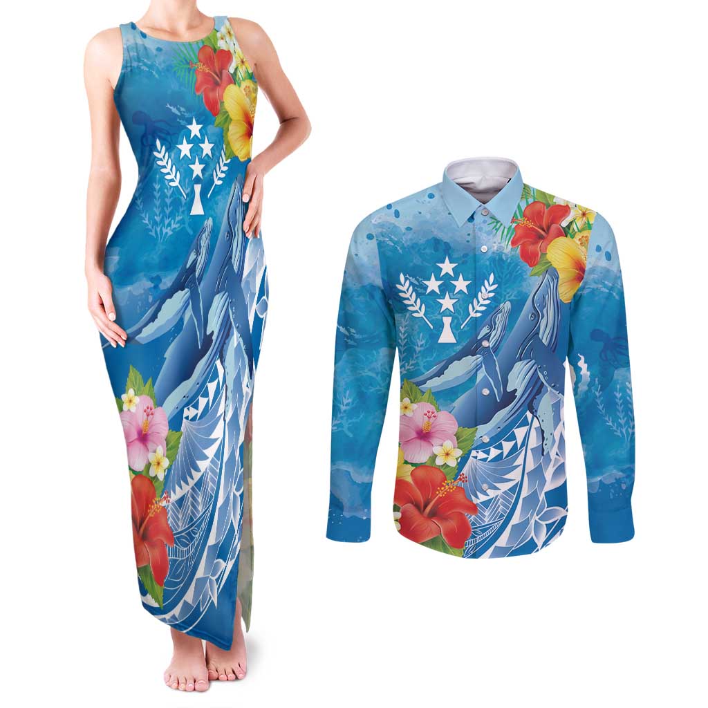 Personalised Kosrae States Humpback Whale Couples Matching Tank Maxi Dress and Long Sleeve Button Shirt Polynesian Tropical Flowers LT9 Blue - Polynesian Pride