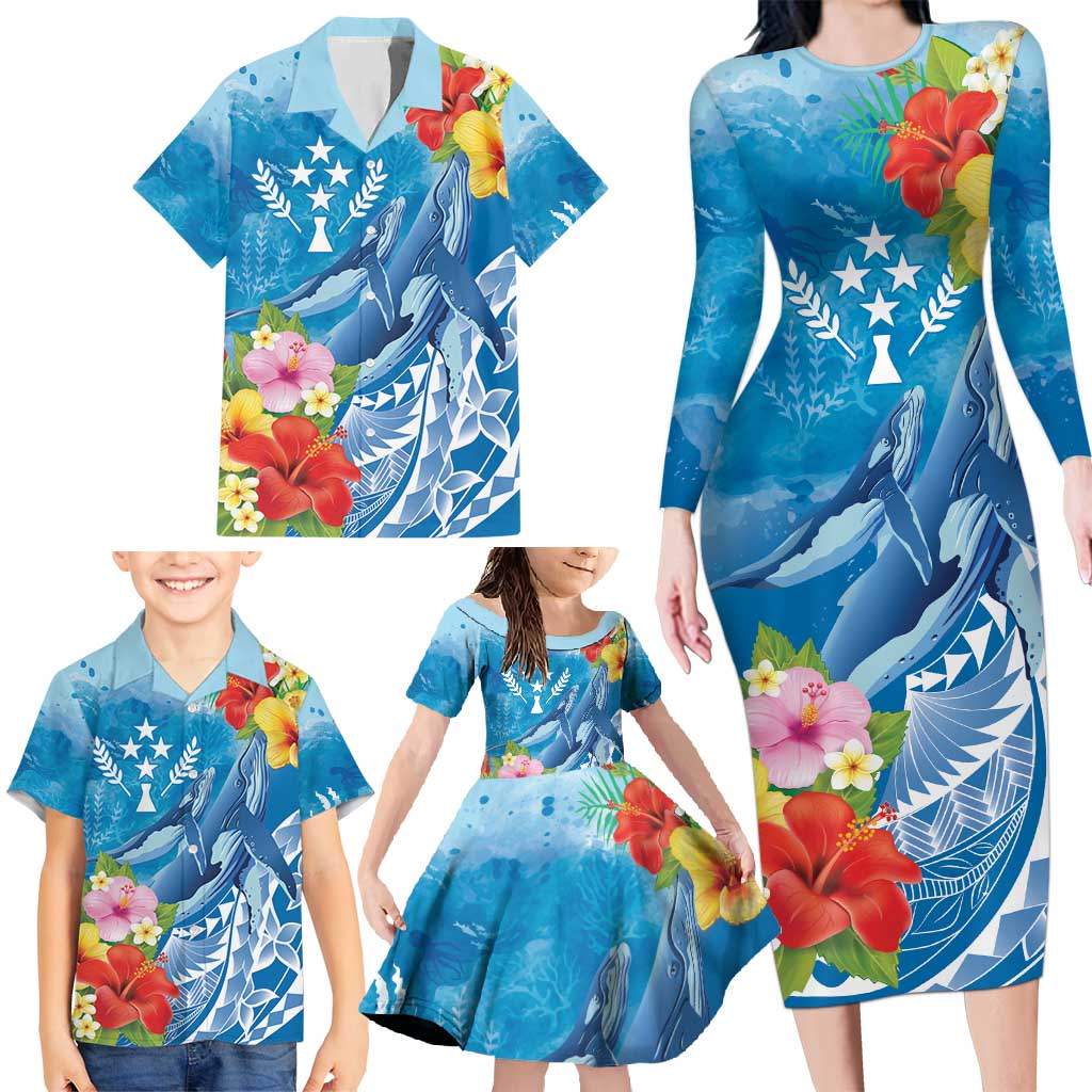 Personalised Kosrae States Humpback Whale Family Matching Long Sleeve Bodycon Dress and Hawaiian Shirt Polynesian Tropical Flowers LT9 - Polynesian Pride
