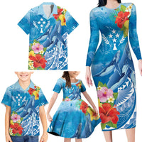 Personalised Kosrae States Humpback Whale Family Matching Long Sleeve Bodycon Dress and Hawaiian Shirt Polynesian Tropical Flowers LT9 - Polynesian Pride